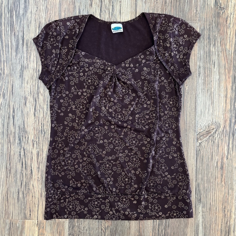 M-Fasis by California Blue S/S Brown Floral Shirt Lg Sweetheart Cap Sleeves Y2K